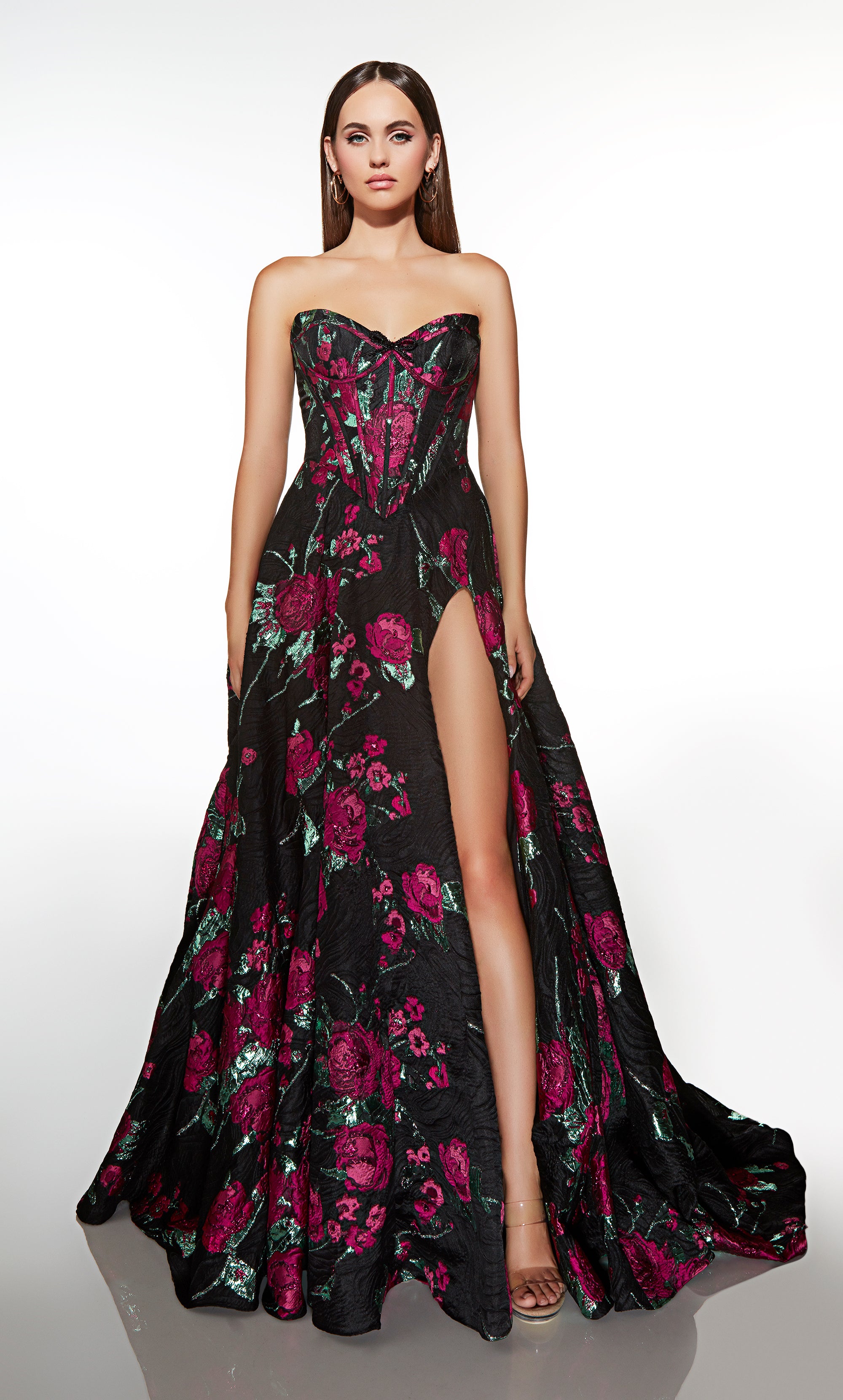 v-neck a line dress with sleeves ALYCE Paris 62109 Alyce Long Sweetheart Neckline Slit A Line Dress