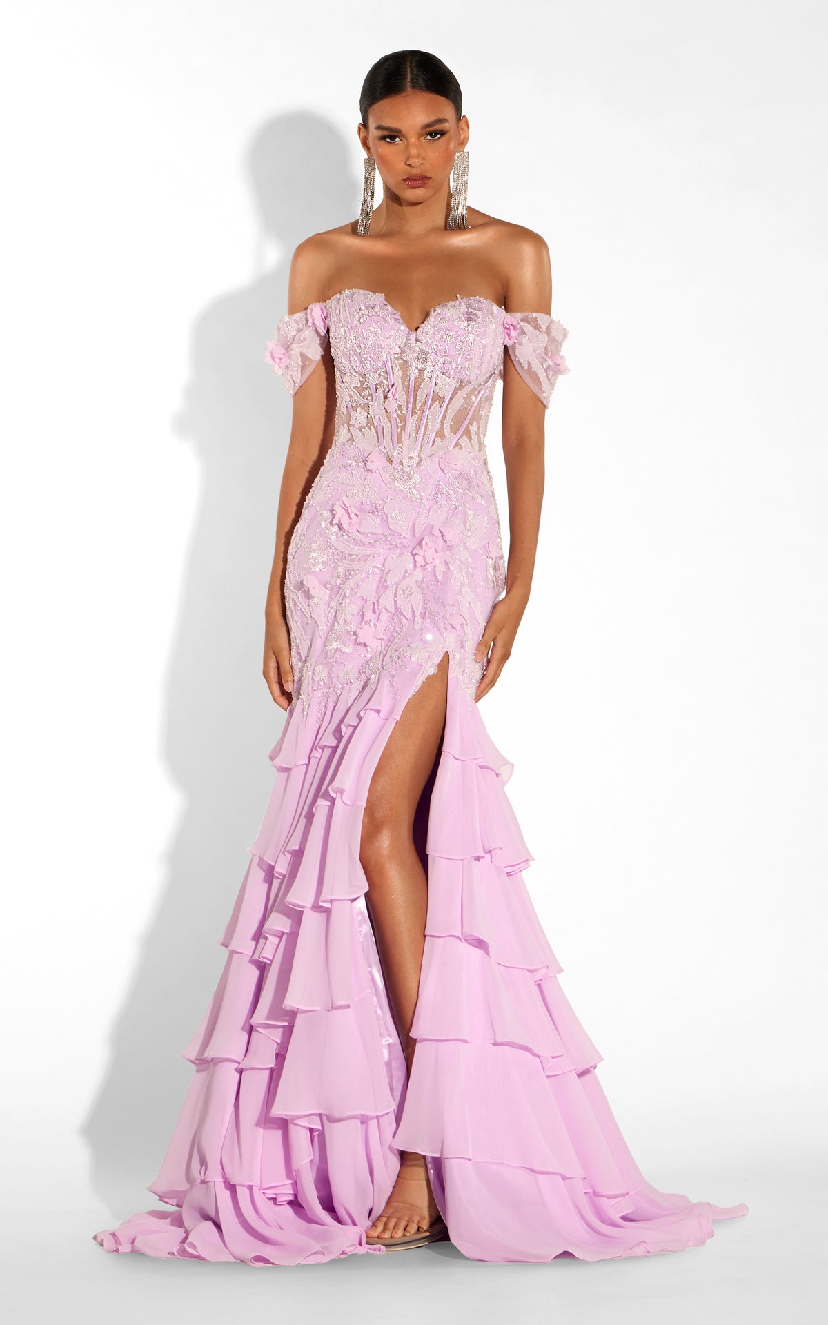 ALYCE Paris 62369 Alyce Long V-neckline Ruffles Fit N Flare Dress