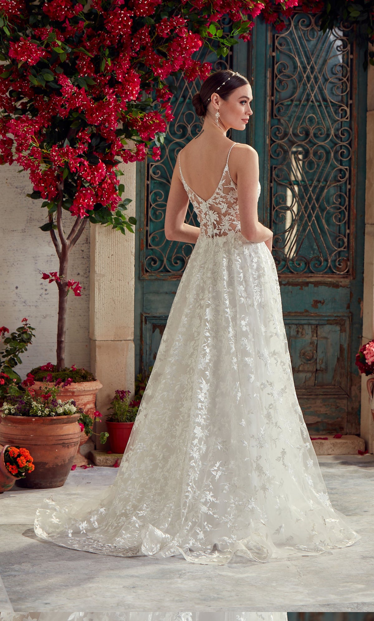 Wedding Dress: 7012. Long, V-Neck, Fit N Flare, V Shaped Back