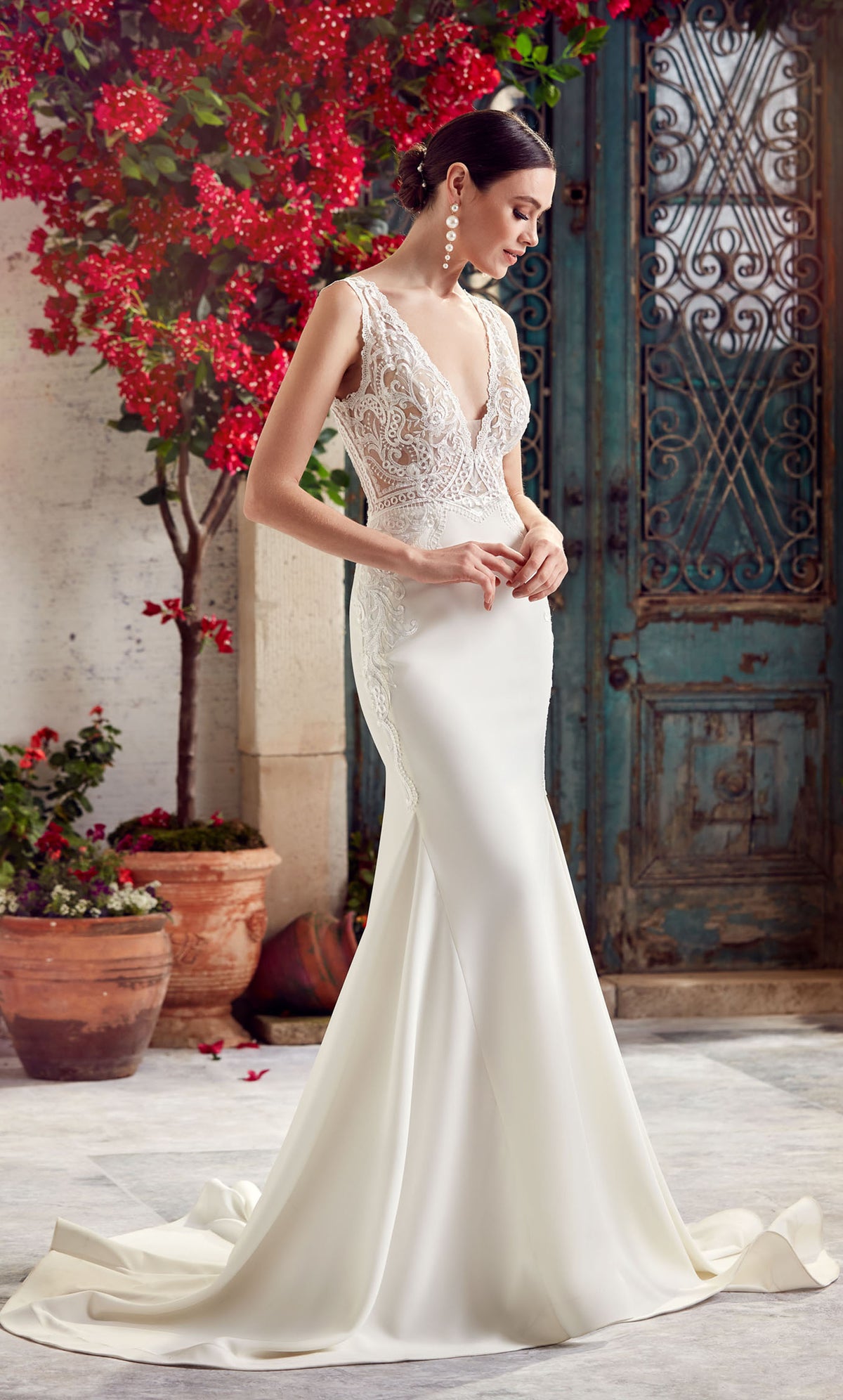 Wedding Dress: 7016. Long, Plunging Neckline, Fit and Flare