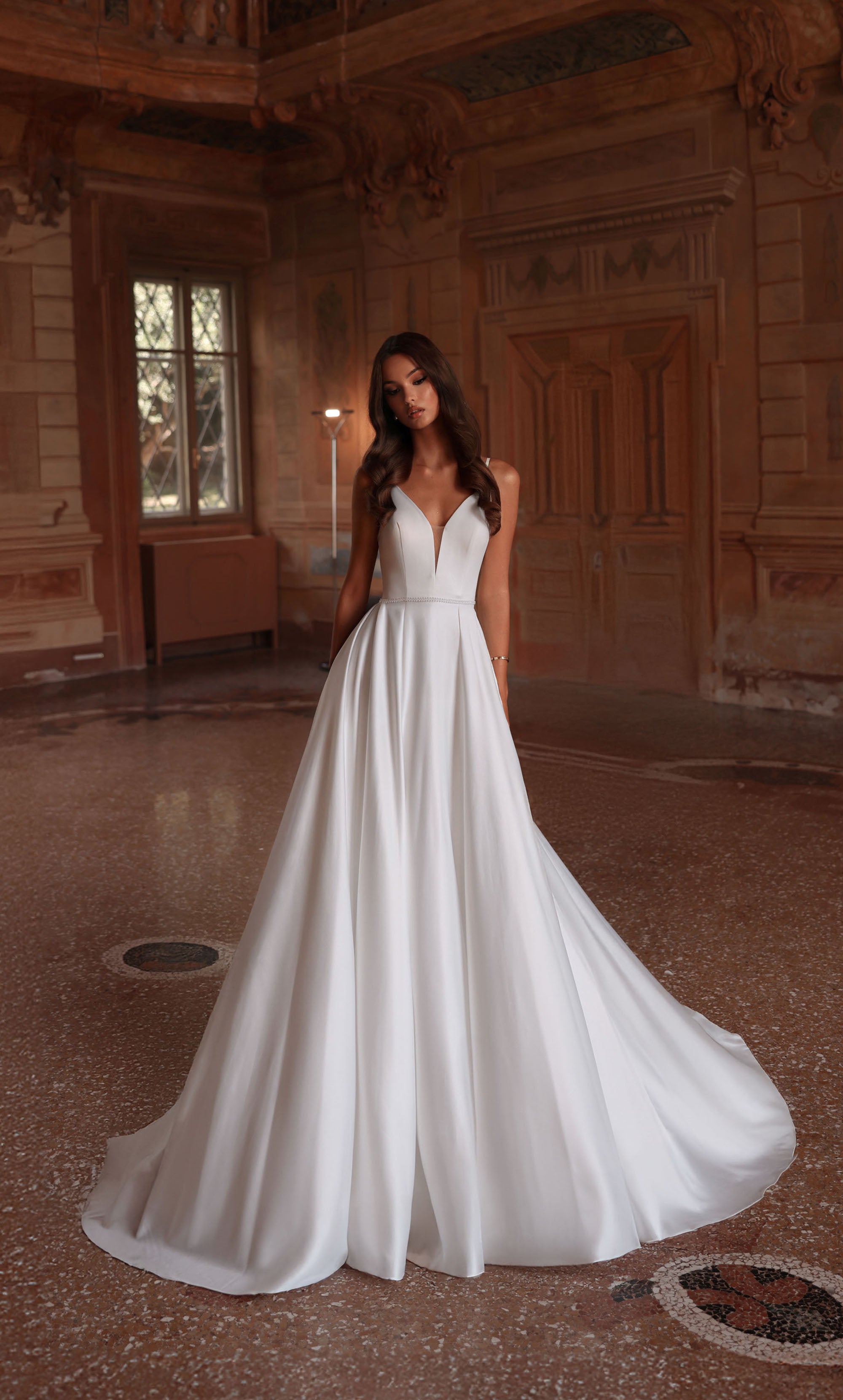 Formal Dress: 7024. Long Bridal Gown, Plunging Neckline, Flowy | Alyce Paris