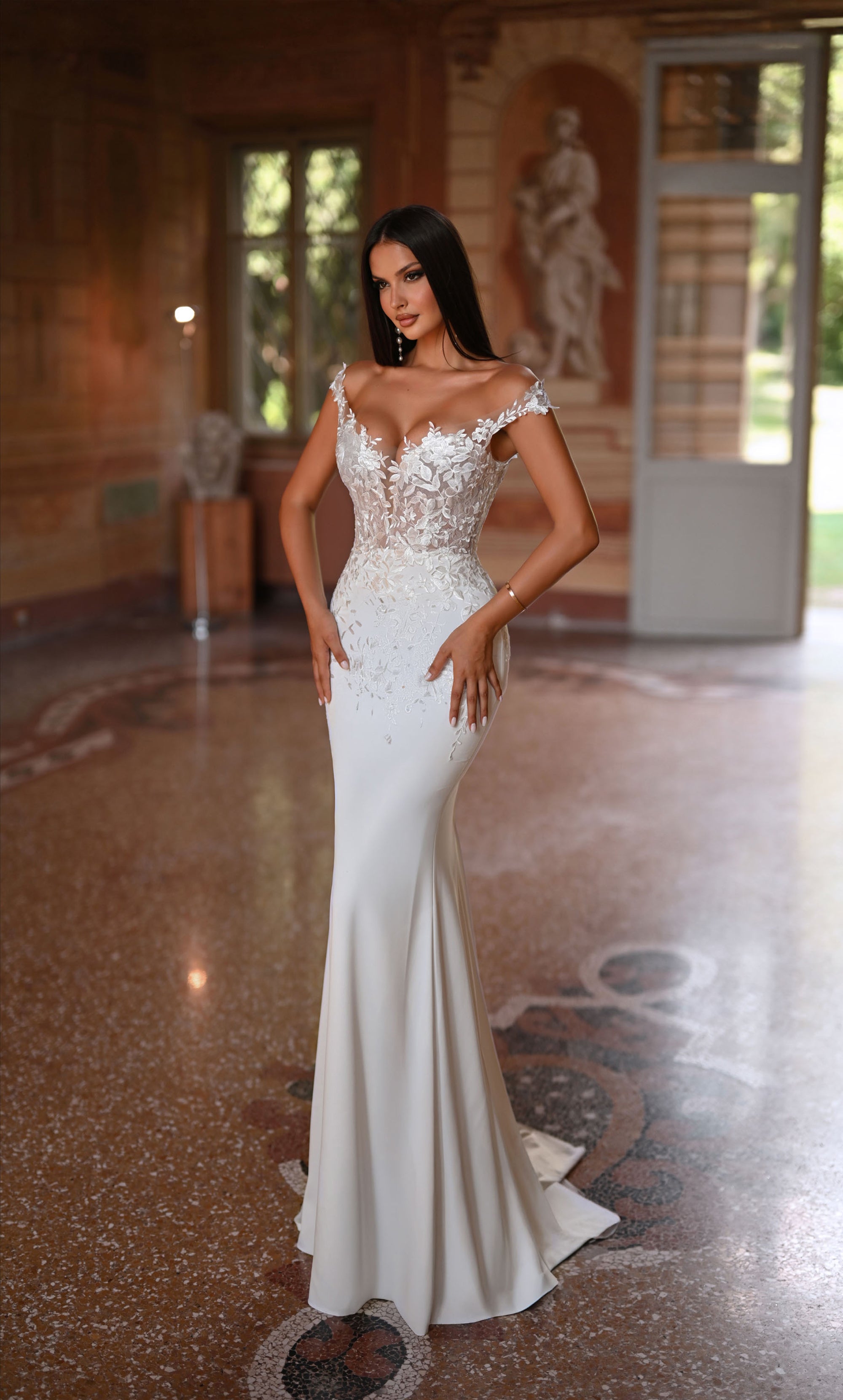 Formal Dress: 7026. Long Bridal Gown, Off The Shoulder, Fit N Flare | Alyce Paris