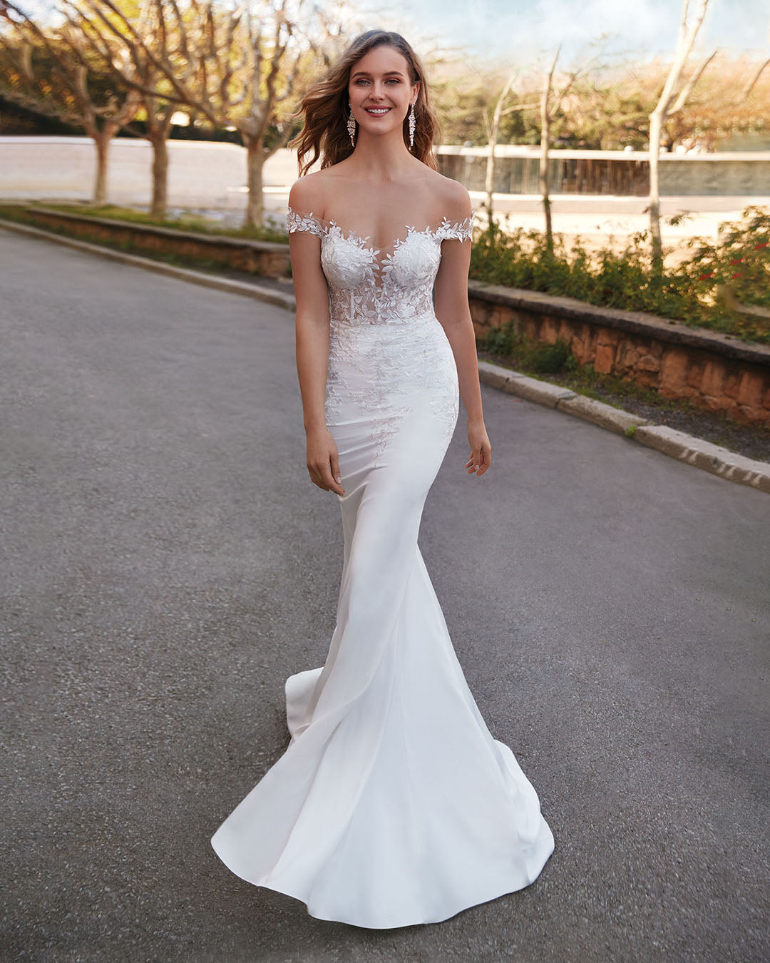 off the shoulder bridal gown with a sheer lace bodice
