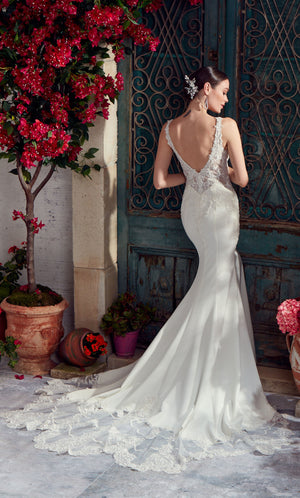 Formal Dress: 7027. Long Wedding Dress, Plunging Neckline, Fit N Flare