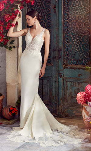 Formal Dress: 7027. Long Wedding Dress, Plunging Neckline, Fit N Flare