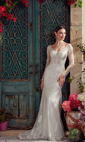 Formal Dress: 7030. Long Bridal Gown, V-neck, Fit N Flare