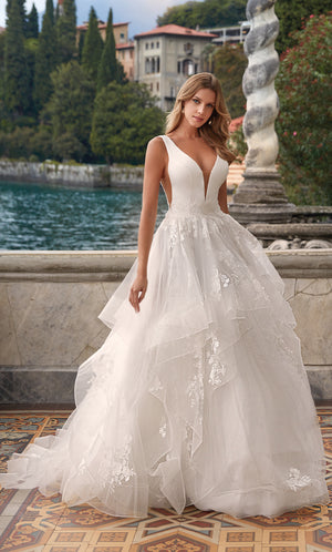 Formal Dress: 7040. Long Bridal Gown, Plunging Neckline, Ball Gown