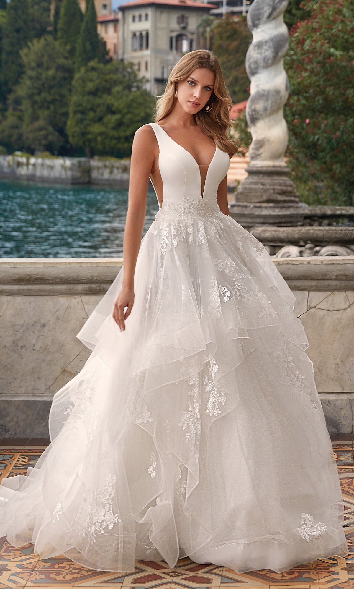 Formal Dress: 7040. Long Bridal Gown, Plunging Neckline, Ball Gown