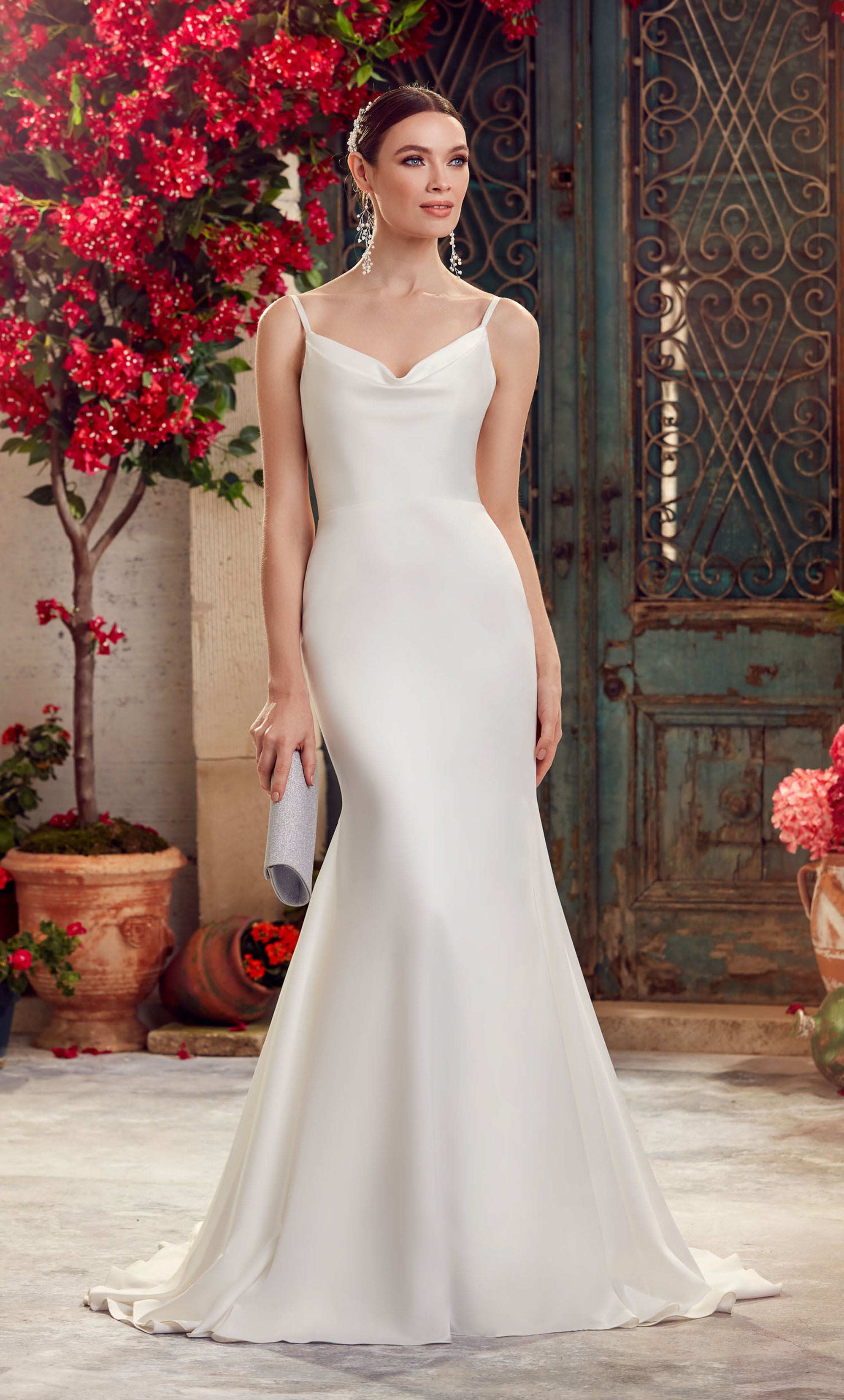 Formal Dress: 7051. Long White Dress, Cowl Neck, Fit N Flare