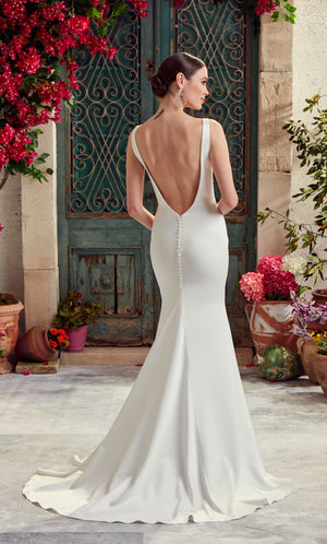 Wedding Dress: 7052. Long Satin Dress, Plunging Neckline, Fit N Flare