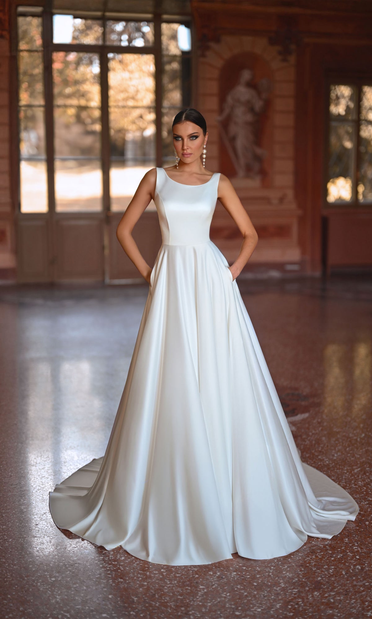 Wedding Dress: 7053. Long Flowy Wedding Dress, Bateau Neckline, A-line