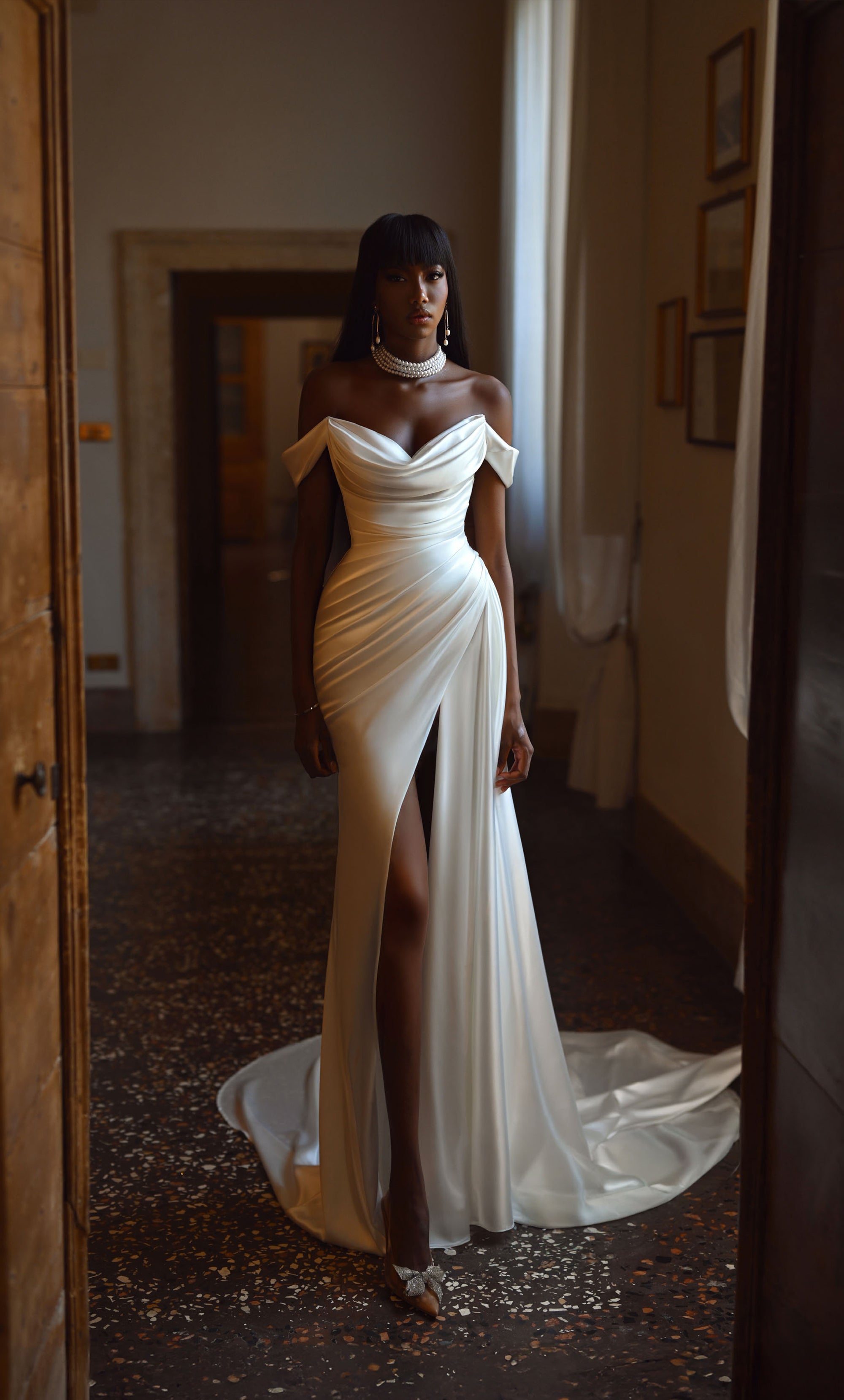 off the shoulder cowl neck wedding dress Formal Dress: 7106. Long, Off The Shoulder, Straight, Closed Back | Alyce  Paris