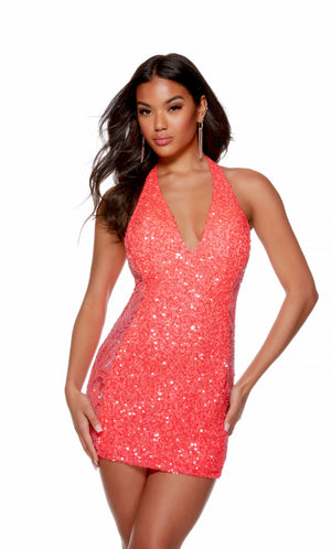 Formal Dress: 84016. Short, Halter Neckline, Straight, Open Back