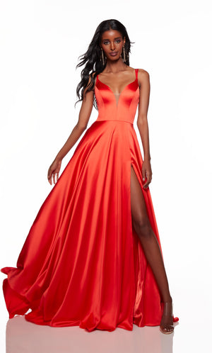 Orange prom dress with a plunging neckline and high side slit. COLOR-SWATCH_1745__TIGER-LILY