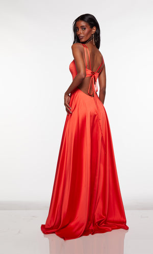 Satin A-line dress with a plunging neckline and high side slit.
