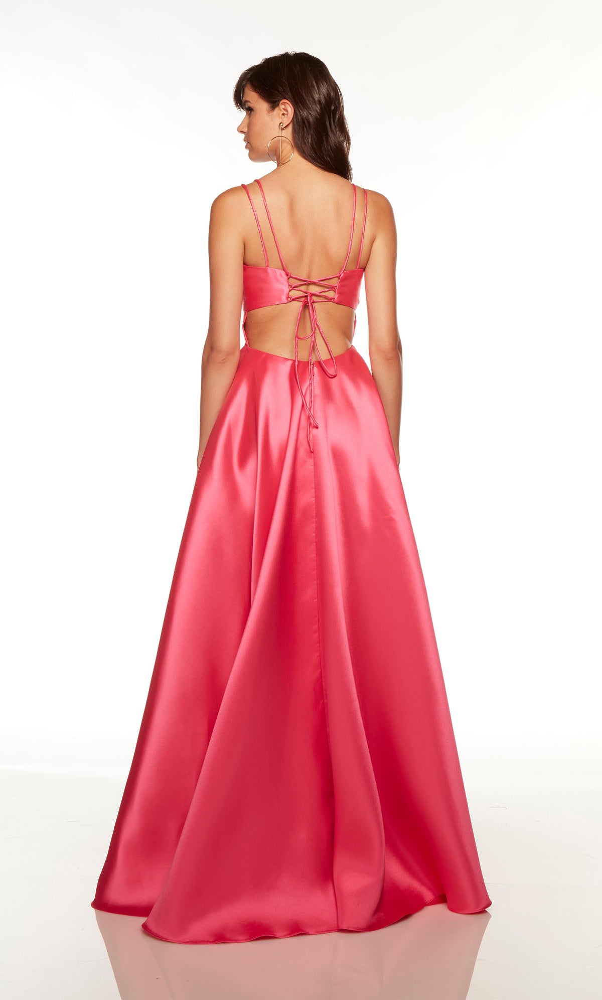 Hot long prom dress with a lace-up back, pockets, and train.
