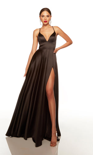 Black prom dress with a plunging neckline and a zipper side slit. COLOR-SWATCH_1748__BLACK