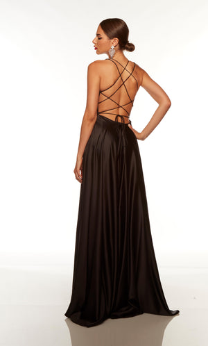 Black formal dress with a strappy back and train.