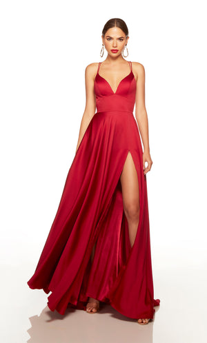 Red prom dress with a plunging neckline and a zipper side slit. COLOR-SWATCH_1748__CLARET
