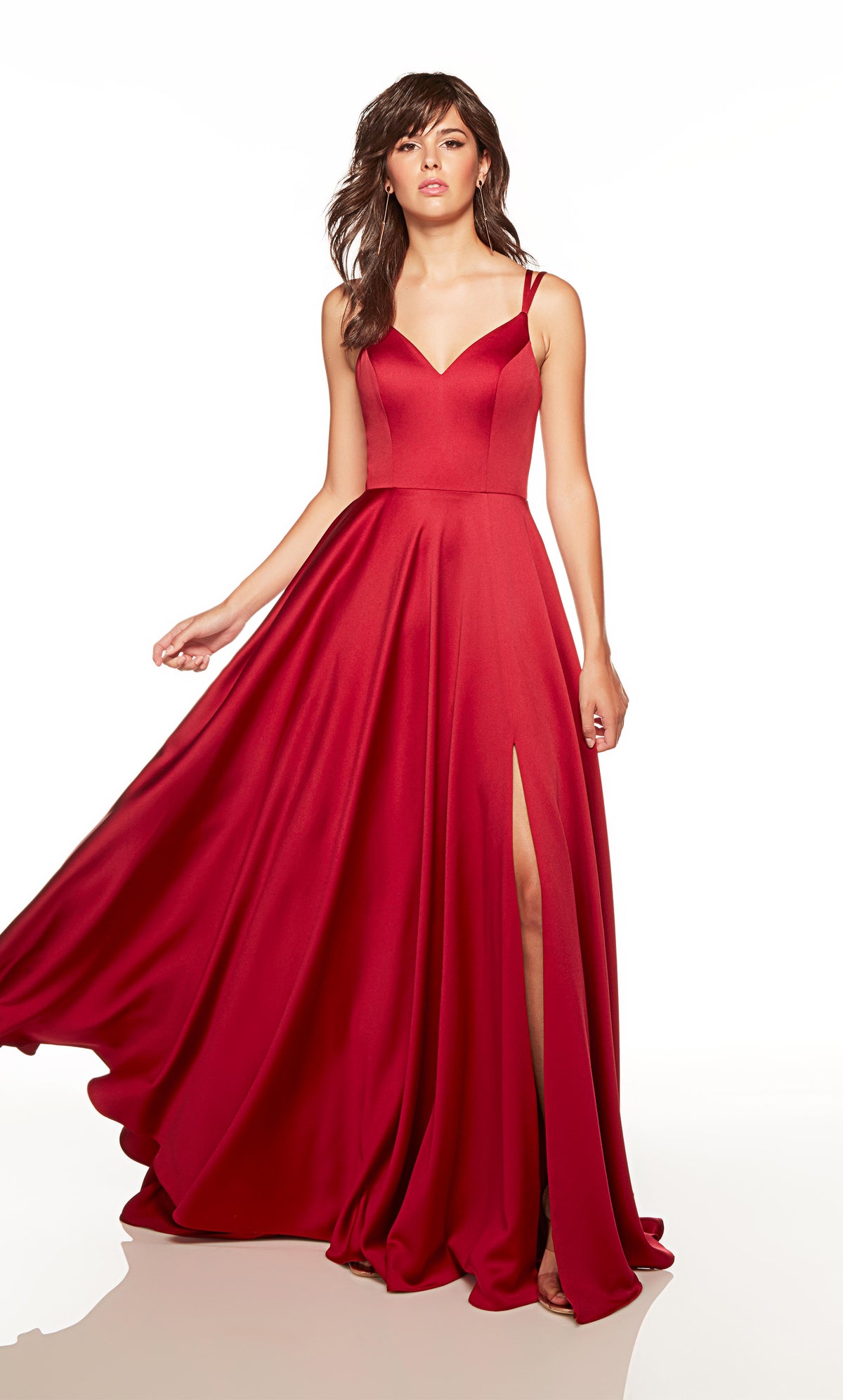 Red satin prom dress with a sweetheart neckline and side slit. COLOR-SWATCH_1749__CLARET