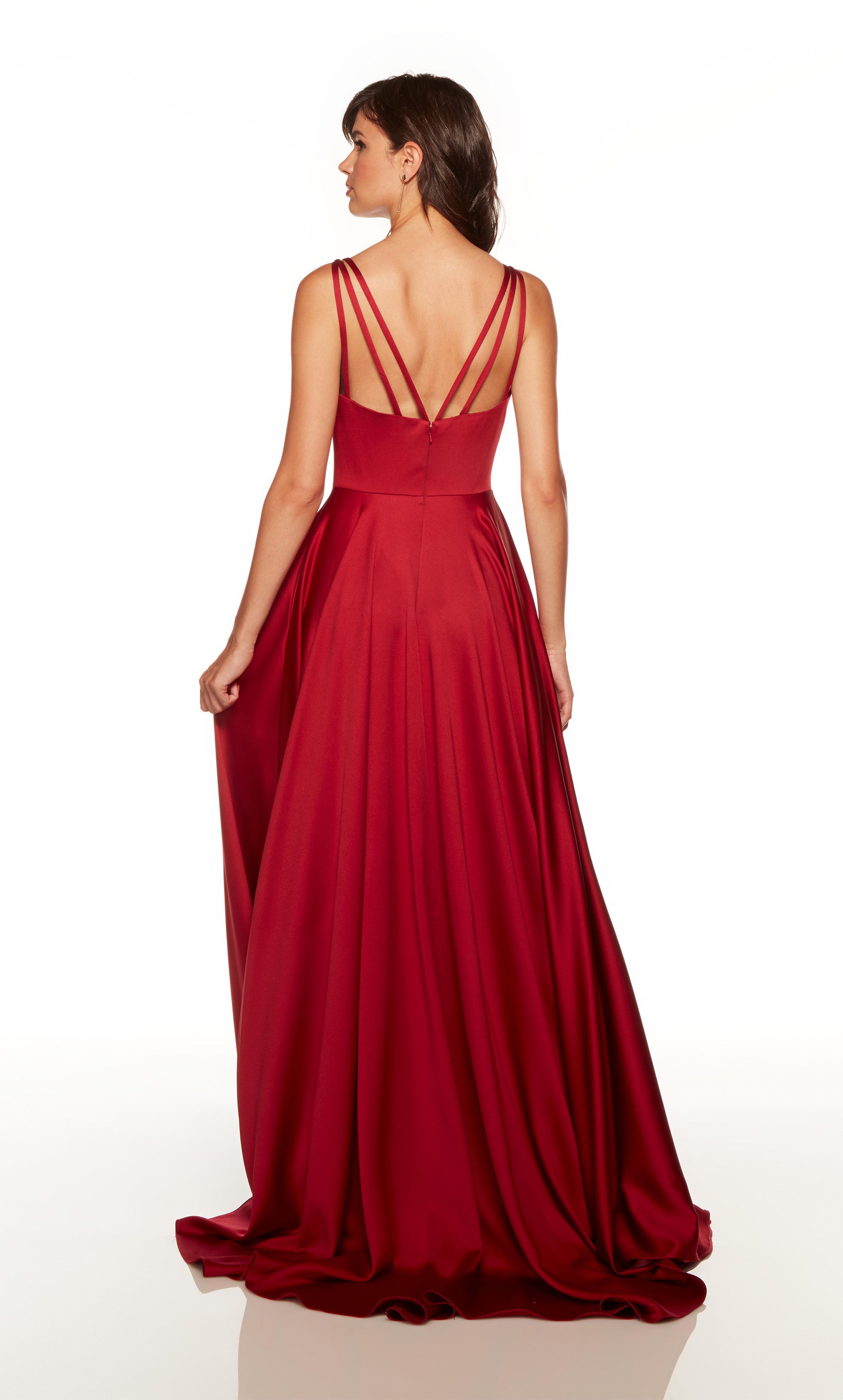 Red satin prom dress with a sweetheart neckline and side slit. COLOR-SWATCH_1749__CLARET