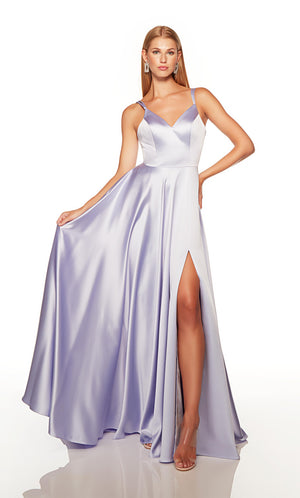 Purple prom dress with a sweetheart neckline, pockets, and a side slit. COLOR-SWATCH_1749__ICE-LILAC