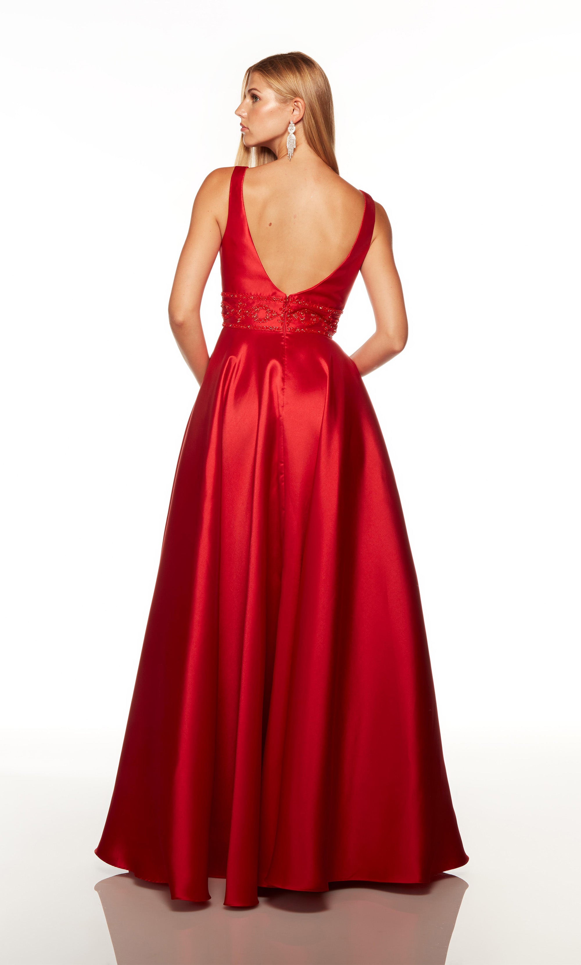 Elegant prom dress with a plunging neckline, pockets, and high slit in red. COLOR-SWATCH_1750__RED