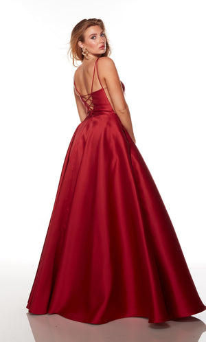 Lace up back, corset prom dress in wine red.