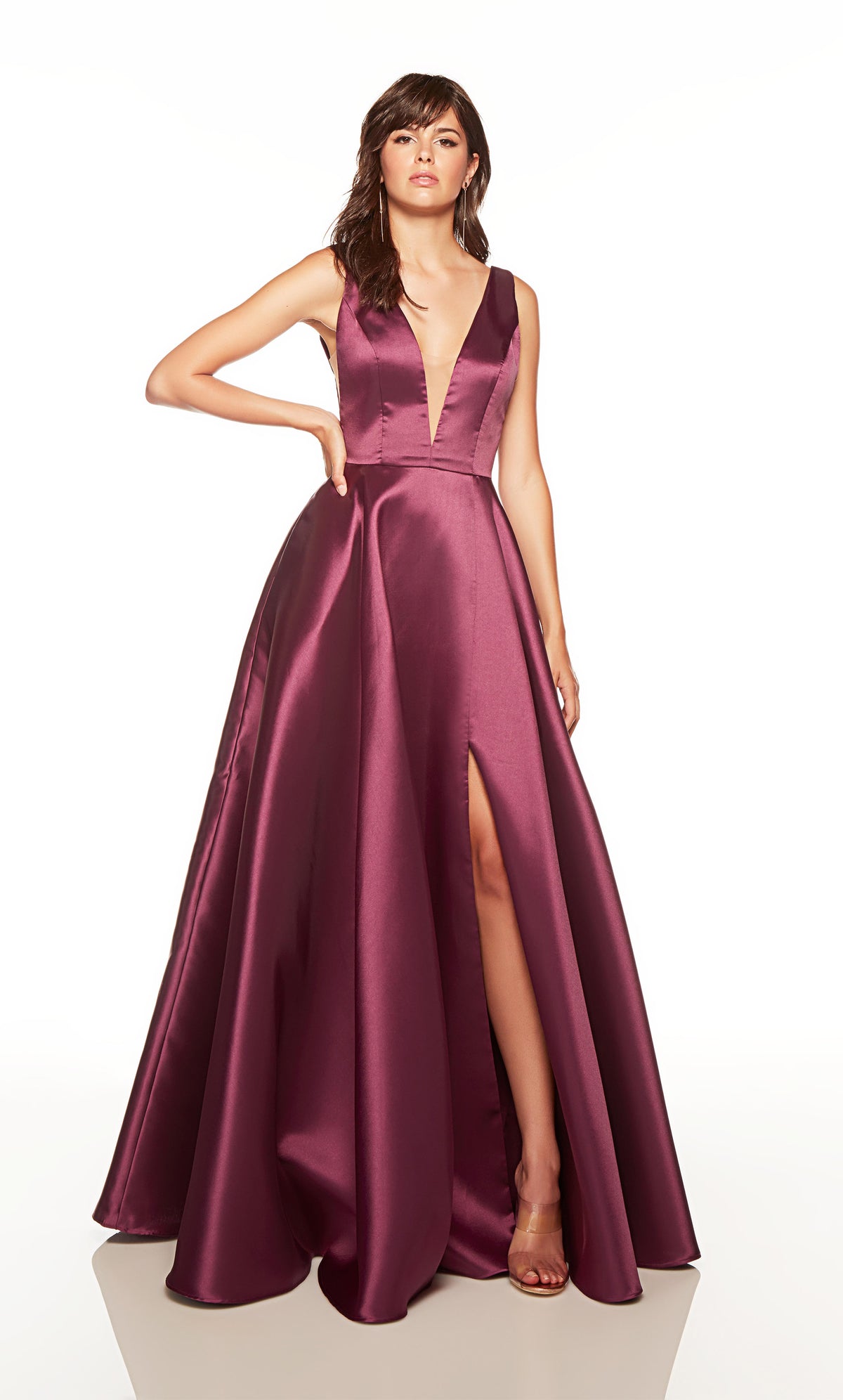 Long prom dress with a plunging neckline and side slit in black plum color. COLOR-SWATCH_1752__BLACK-PLUM