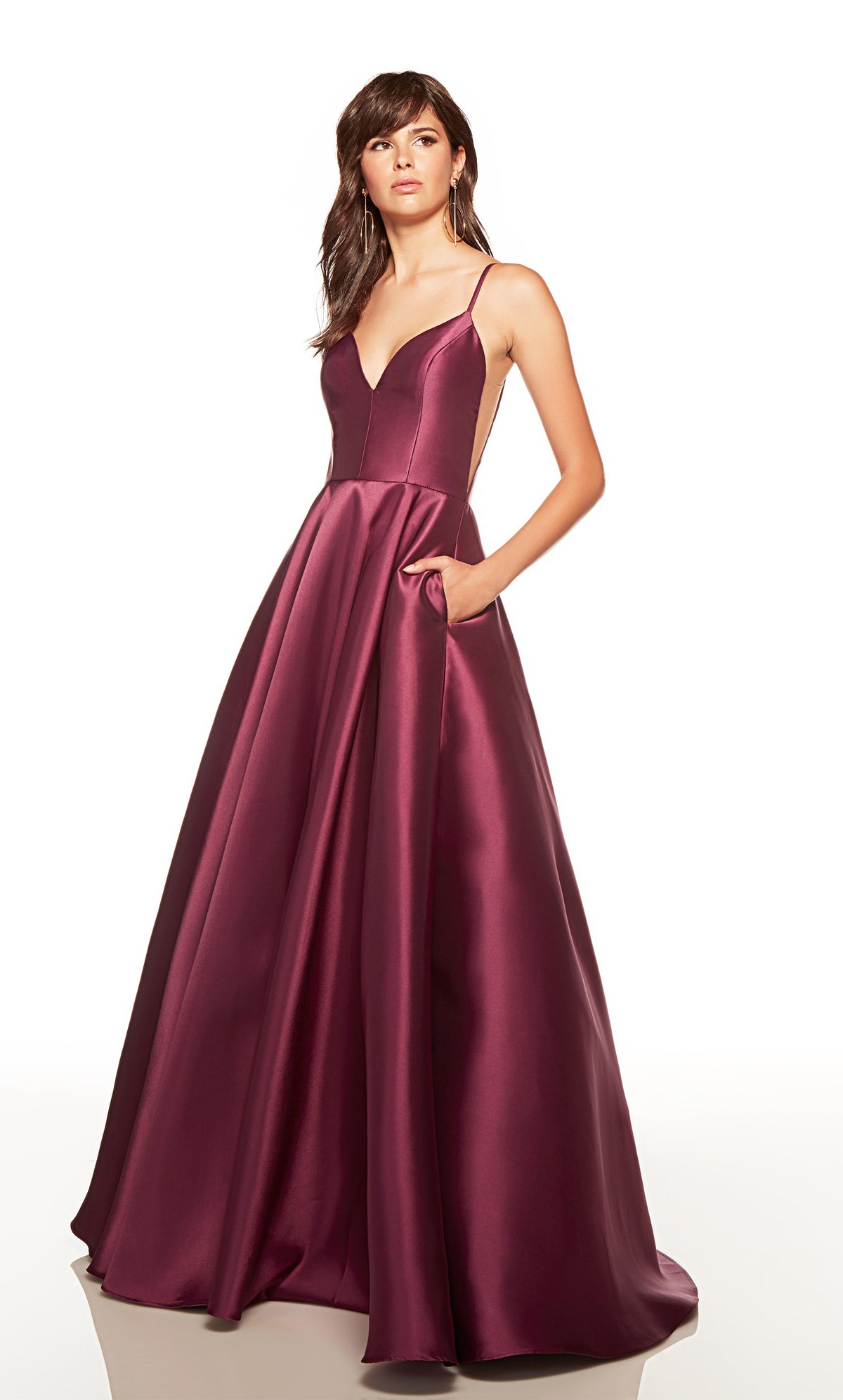 Sweetheart ballgown prom dress with pockets in the color black plum. COLOR-SWATCH_1753__BLACK-PLUM