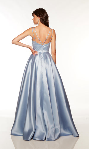 Formal ballgown with a strappy back in the color black plum.
