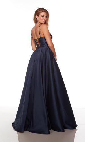 Lace up back, corset prom dress in the color midnight.