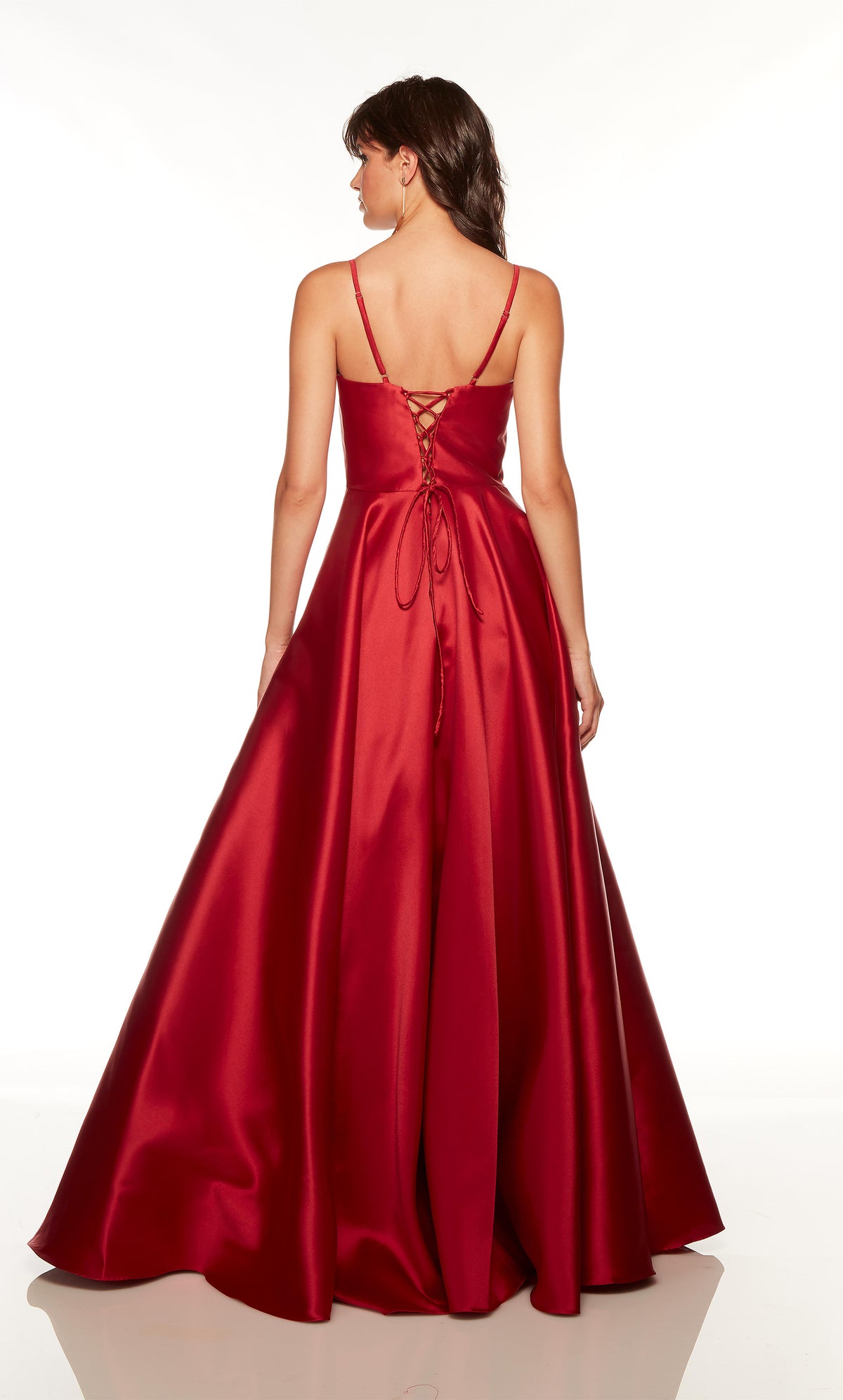 Wine red ballgown with a scoop neckline and pockets.