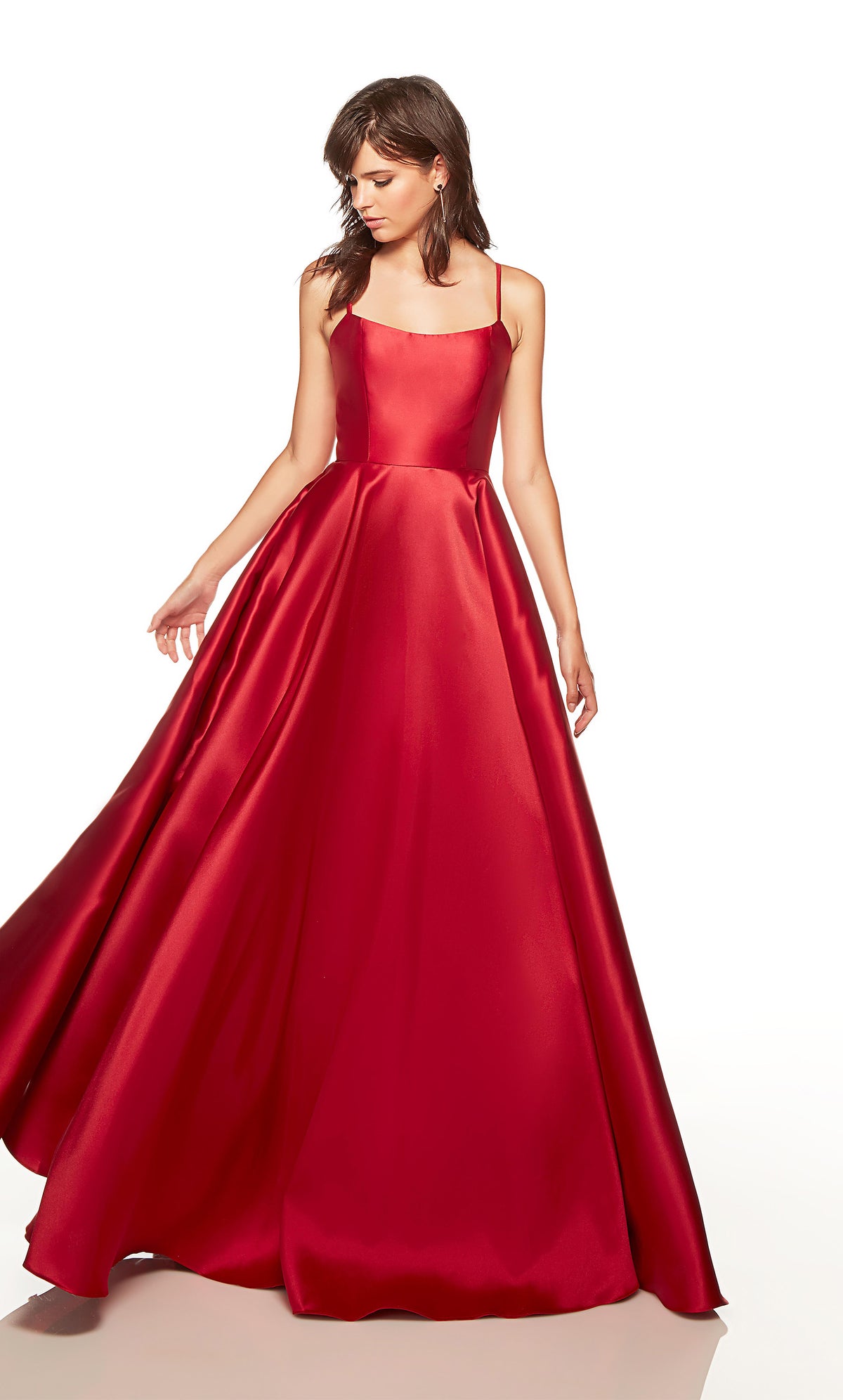 Red formal dress with a scoop neck and pockets.