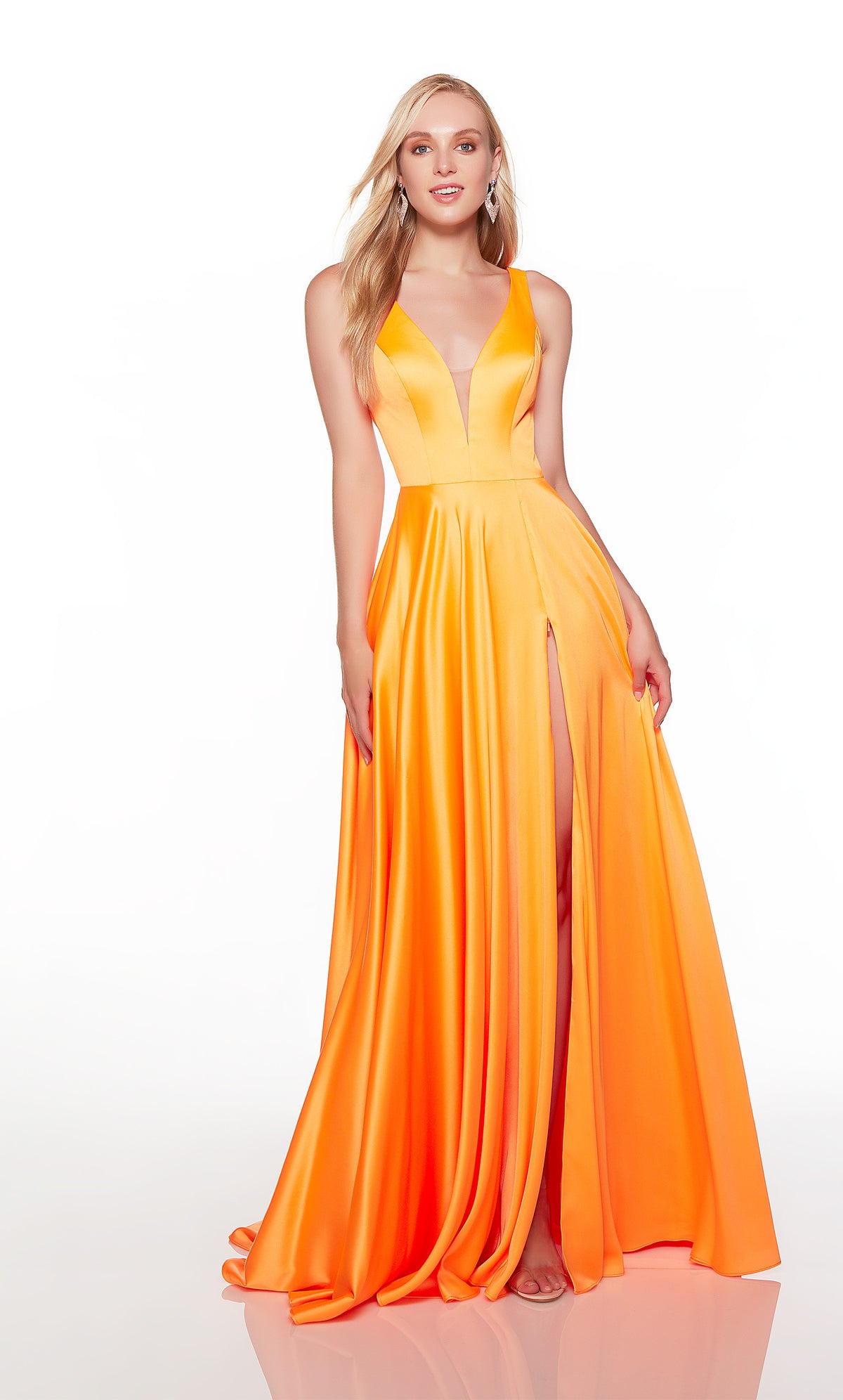 Orange formal dress with a plunging neckline and zipper side slit. COLOR-SWATCH_1756__NEON-ORANGE