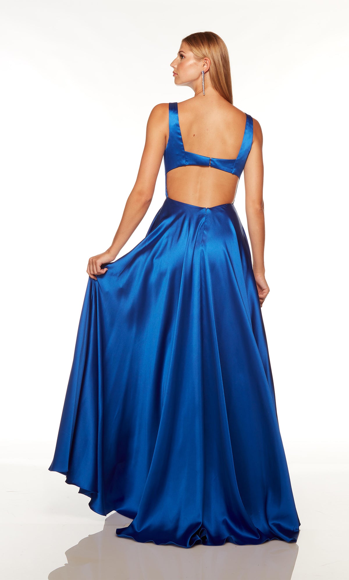 Blue prom dress with a cutout back and train.