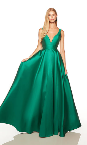 Green prom dress with a plunging neckline and pockets. COLOR-SWATCH_1757__PINE