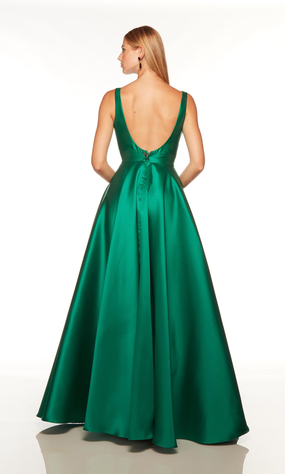 Floor length, open back, green evening gown.