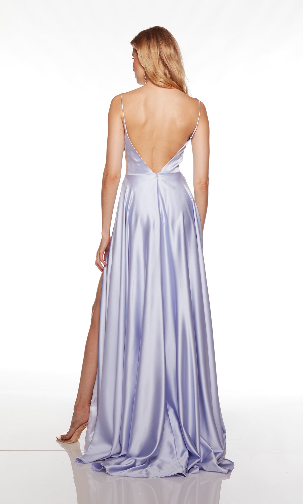 Lilac purple dress with a V shaped open back and train.