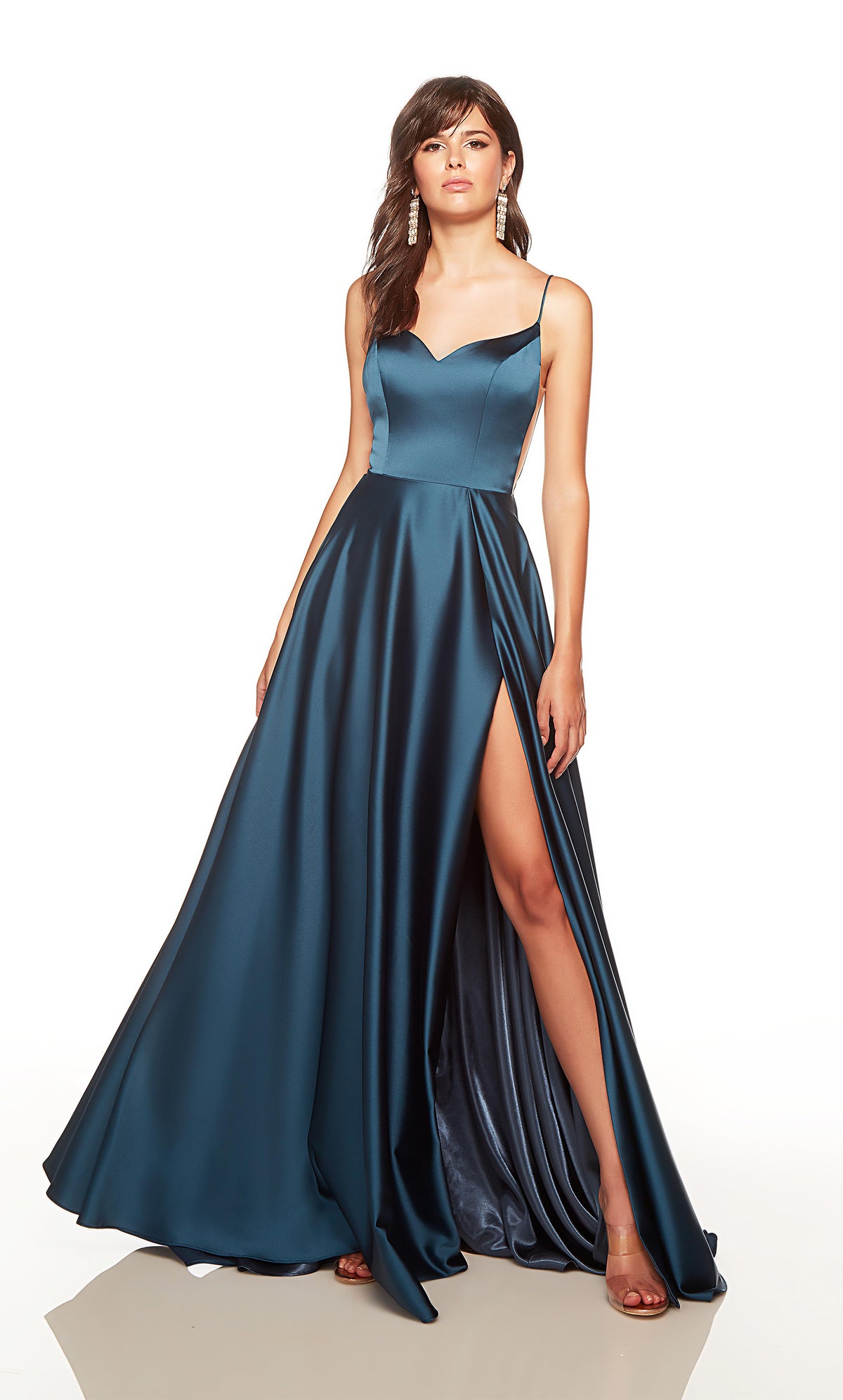 Satin winter formal dress with a sweetheart neckline and high slit. COLOR-SWATCH_1758__MIDNIGHT