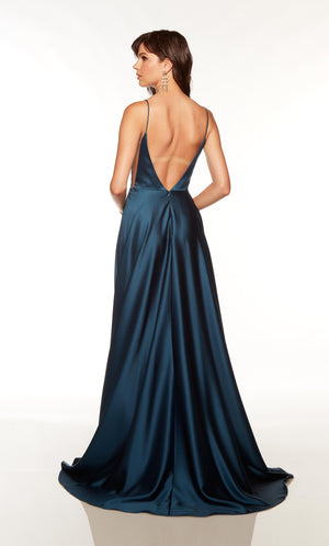 Midnight blue prom dress with a V shaped open back and train.