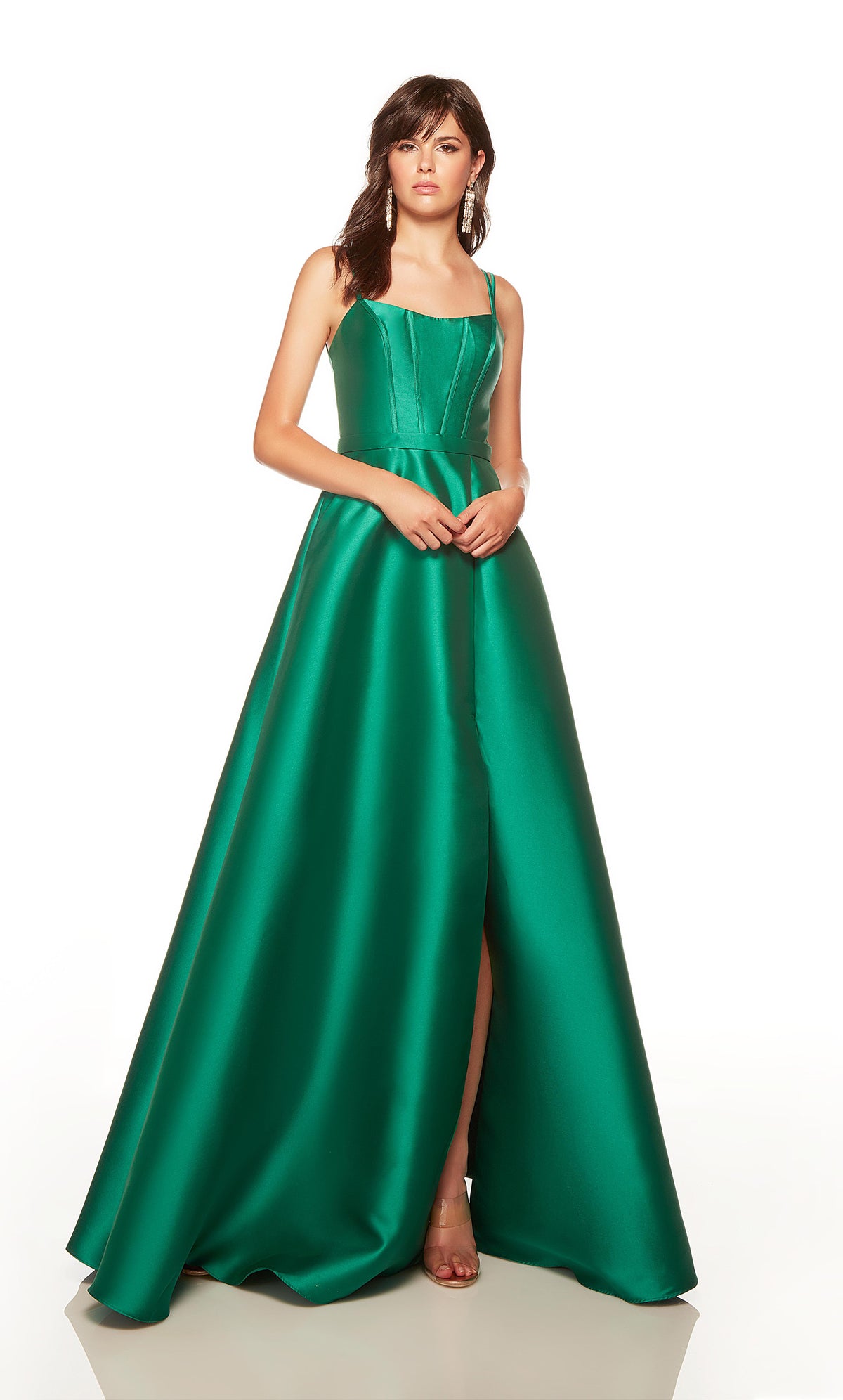 Emerald green prom dress with a scooped neck, corset bodice, belt, and side slit. COLOR-SWATCH_1759__EMERALD