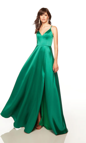 Green formal dress with a V neckline and side slit. COLOR-SWATCH_1760__PINE