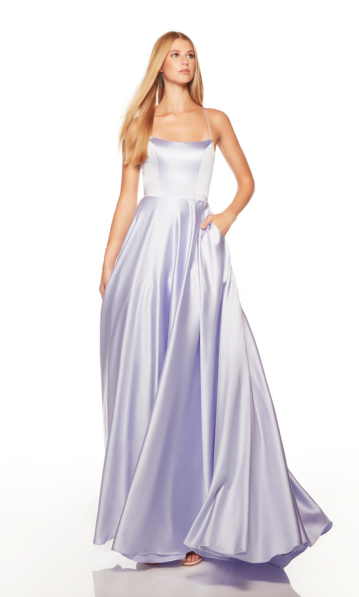 Lilac purple prom dress with a scoop neck and pockets. COLOR-SWATCH_1761__ICE-LILAC