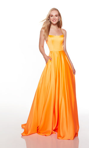 Orange prom dress with a scoop neck and pockets. COLOR-SWATCH_1761__NEON-ORANGE