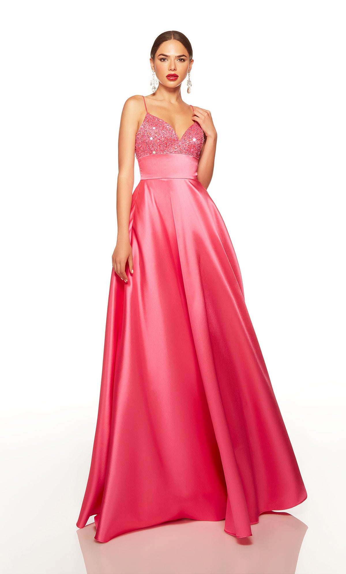Long hot pink prom dress with a sweetheart neckline, beaded bodice, and pockets. COLOR-SWATCH_1763__HOT-PINK