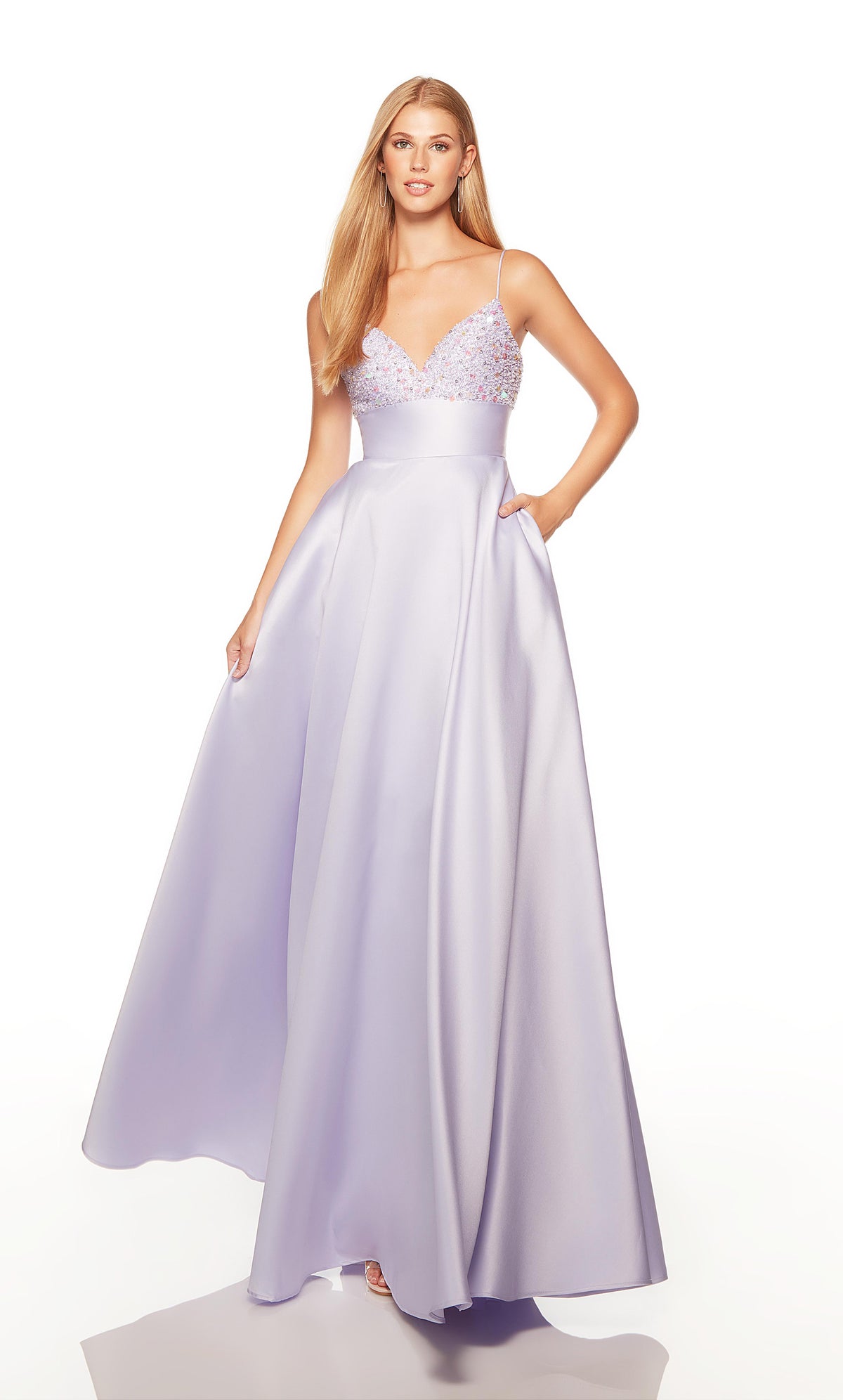 Long pretty prom dress with a sweetheart neckline, beaded bodice, and pockets in lilac purple color. COLOR-SWATCH_1763__ICE-LILAC