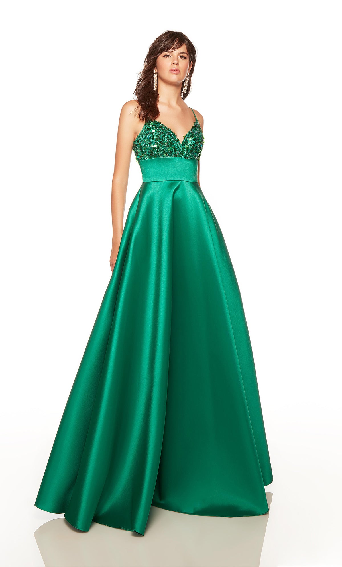 Long prom dress with a sweetheart neckline, beaded bodice, and pockets in green. COLOR-SWATCH_1763__PINE