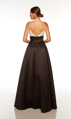 Elegant formal dress with a V shaped back and pockets, in black and white.