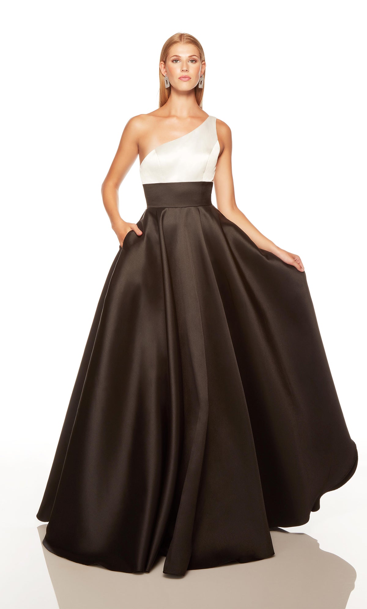 Black and white one shoulder prom dress with pockets. COLOR-SWATCH_1765__BLACK_DIAMOND-WHITE
